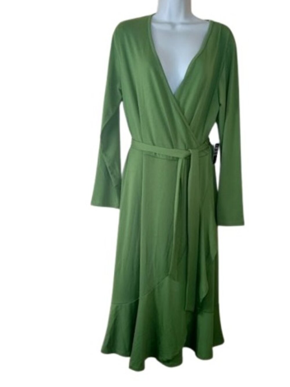 Ashley Stewart Womens Faux Wrap Ruffle Hem Midi Dress in Calla Green Knit 12 New